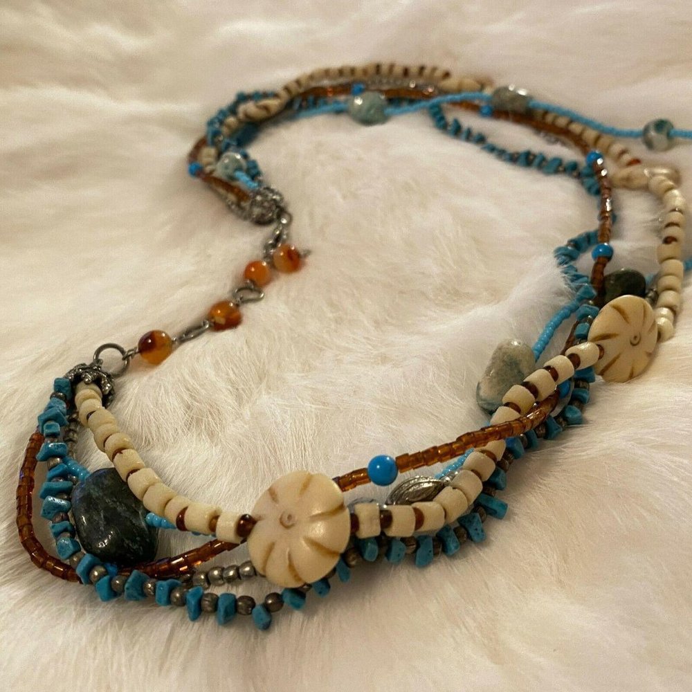Western Necklace Natural Stone Carved Flower Festival Coastal Boho Hippie 5361 - Picture 5 of 8